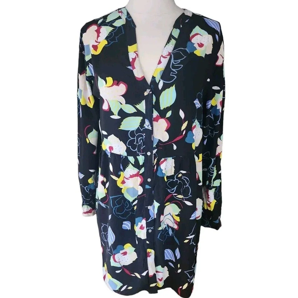 Josie Natori Floral Beach Artsy Minidress Womens Small Black Button Down Spring